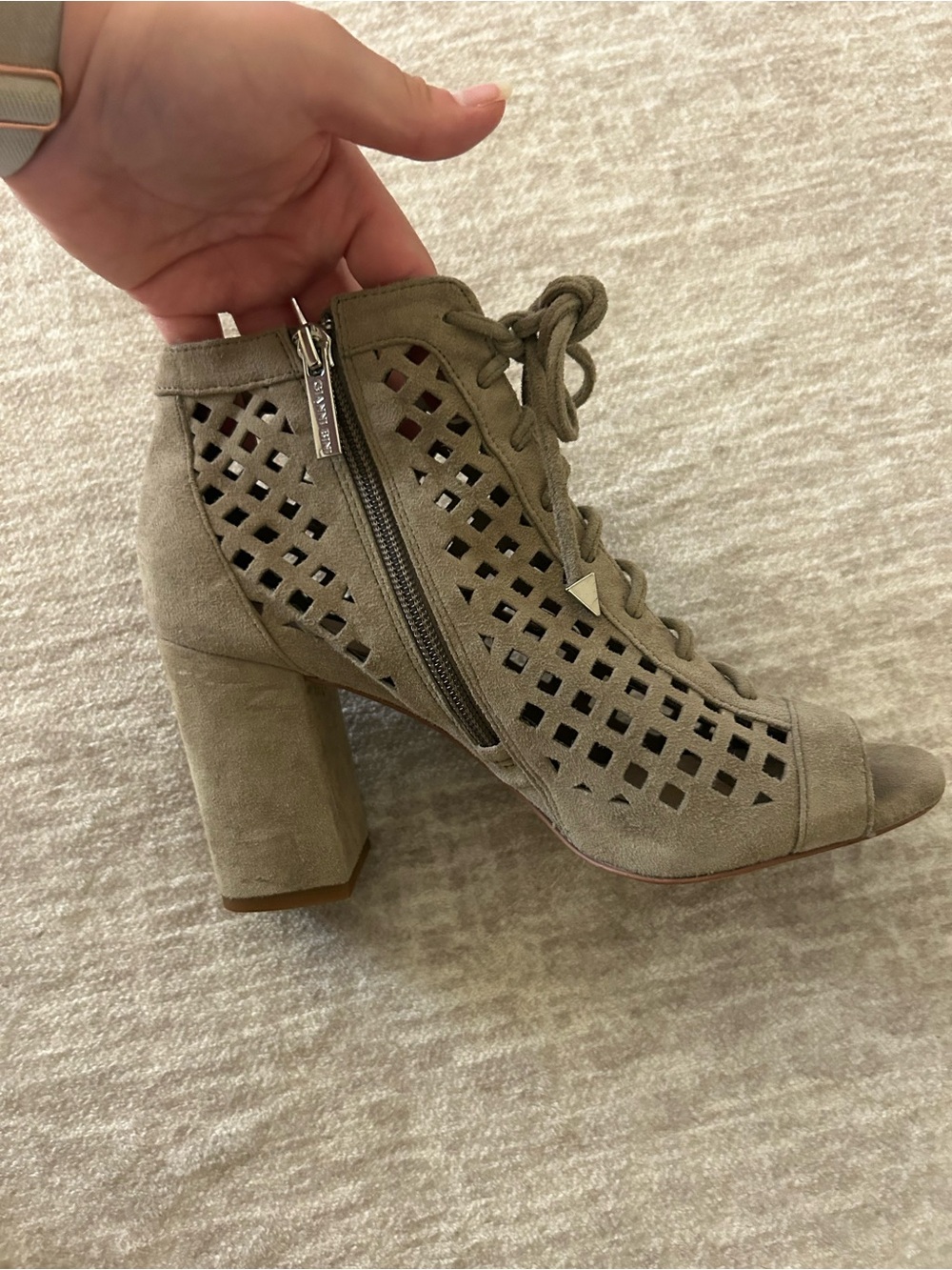 Gianni Bini Taupe Suede Cutout Lace-Up Block Heel Booties